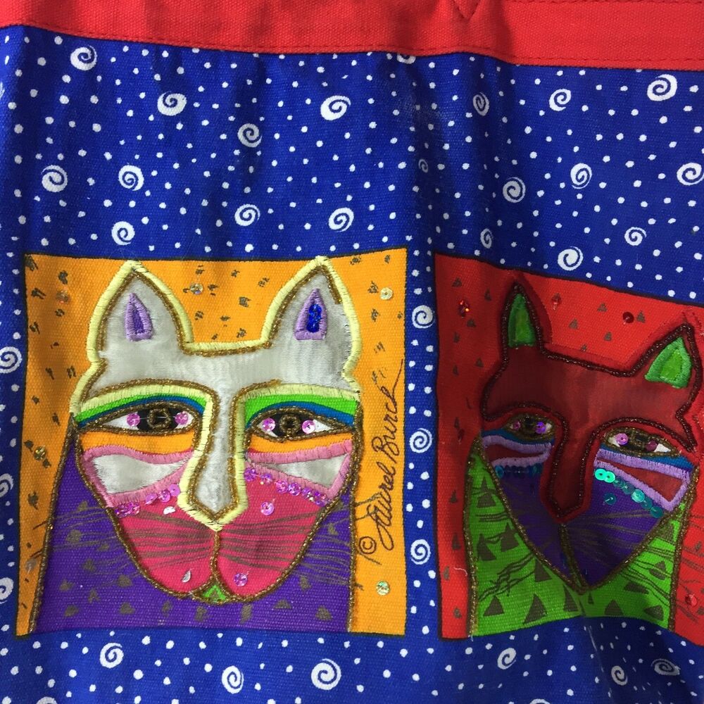 Laurel Burch Multicolored Cat Canvas Tote Bag Beaded Sequin Colorblock Charm - Picture 3 of 10